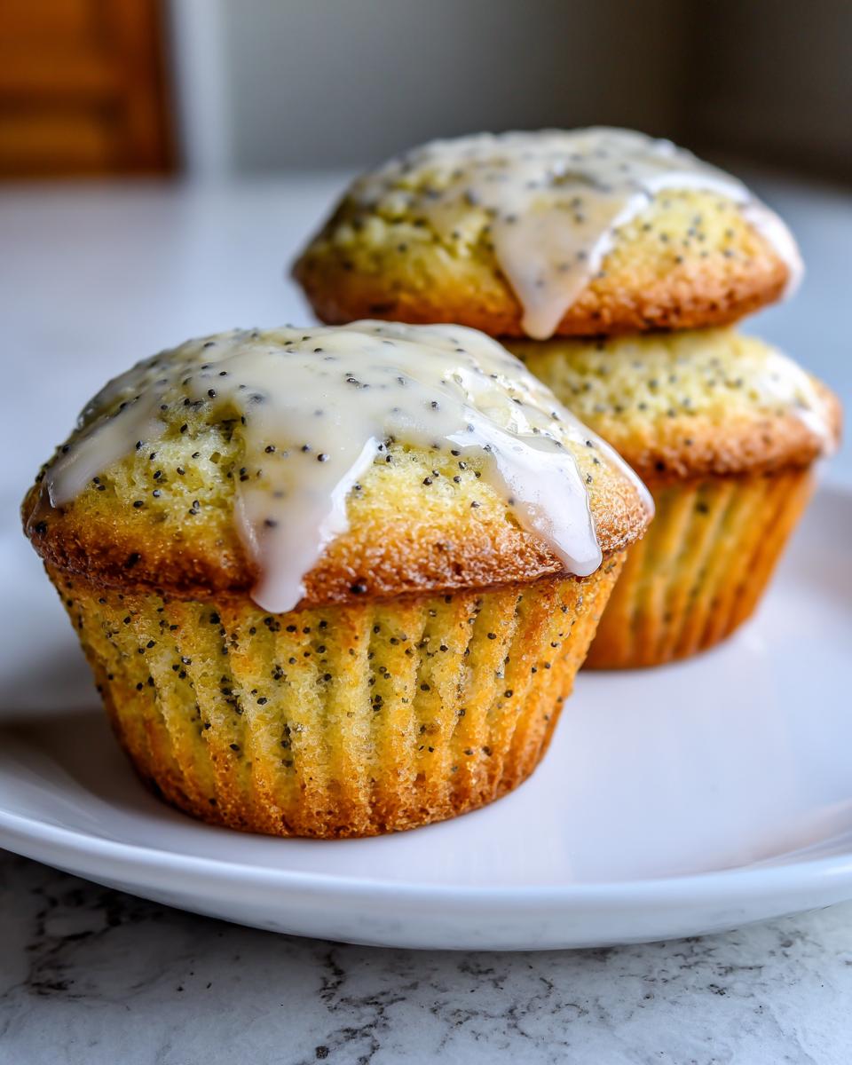 Three golden-brown lemon poppy seed muffins stacked slightly, topped with a thick, white lemon glaze.