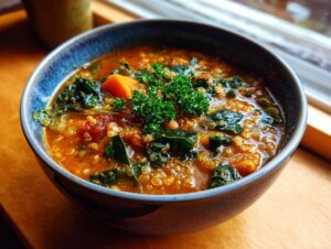 Close-up of a vibrant bowl of longevity soup featuring quinoa, dark green kale, and topped with fresh parsley.