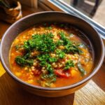 Close-up of a rich, tomato-based longevity soup filled with lentils, greens, and topped with fresh parsley.