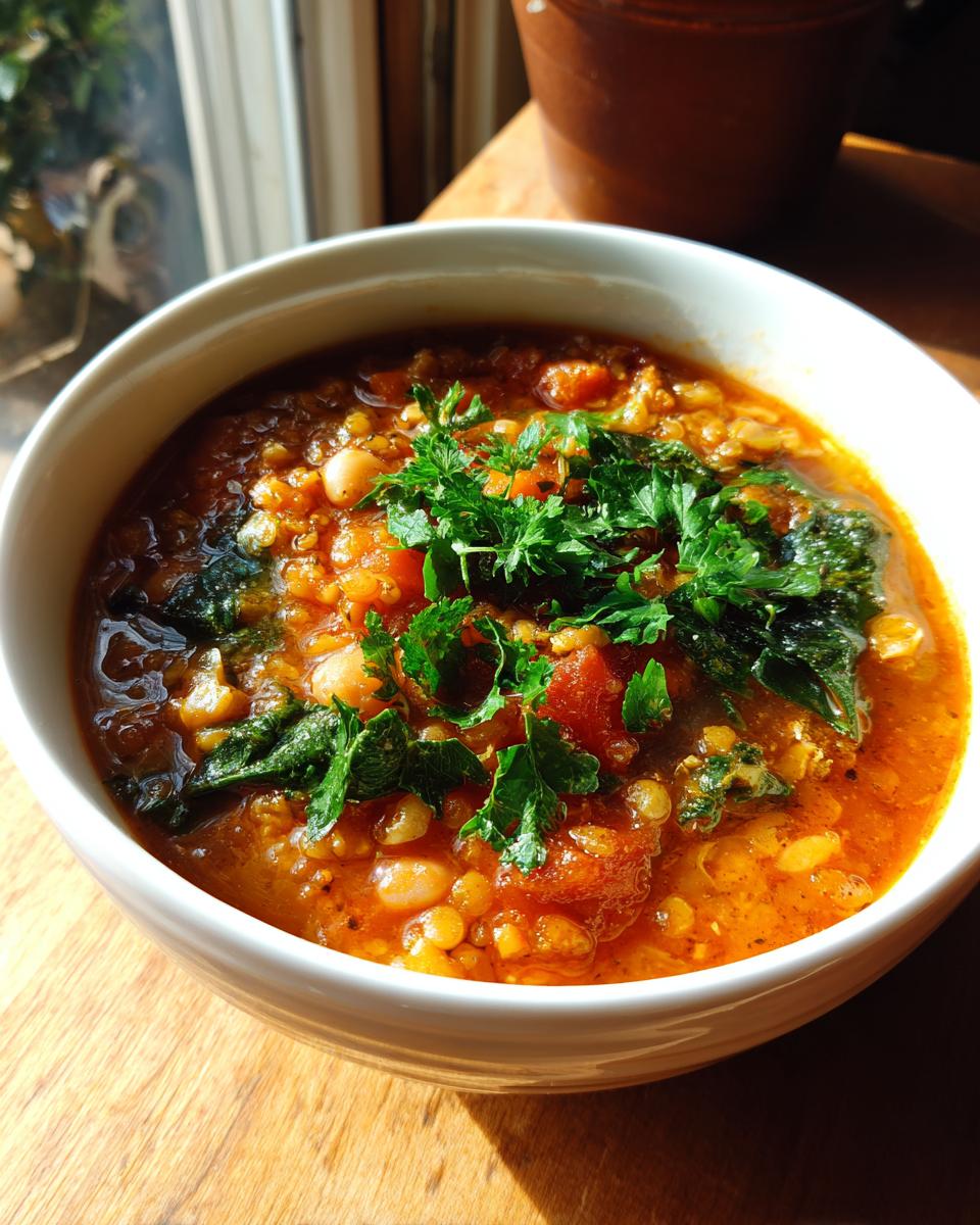 Close-up of a vibrant bowl of longevity soup featuring lentils, white beans, tomatoes, and topped with fresh parsley.