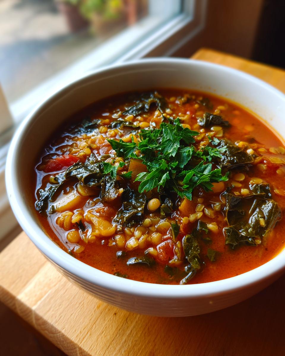 Close-up of a white bowl filled with rich, red longevity soup featuring lentils, dark leafy greens, and topped with fresh parsley.
