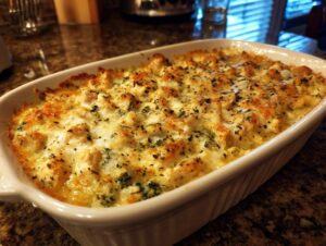 A freshly baked low carb chicken casserole in a white baking dish, topped with melted cheese and herbs.