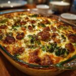 A close-up view of a bubbling low carb chicken casserole with broccoli and melted cheese in a glass baking dish.