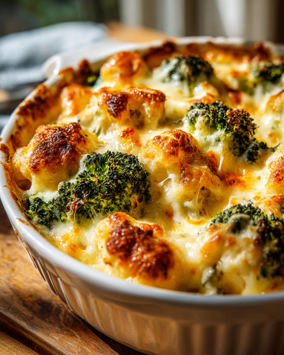 Close-up of a bubbling low carb chicken casserole with tender broccoli florets and melted cheese.