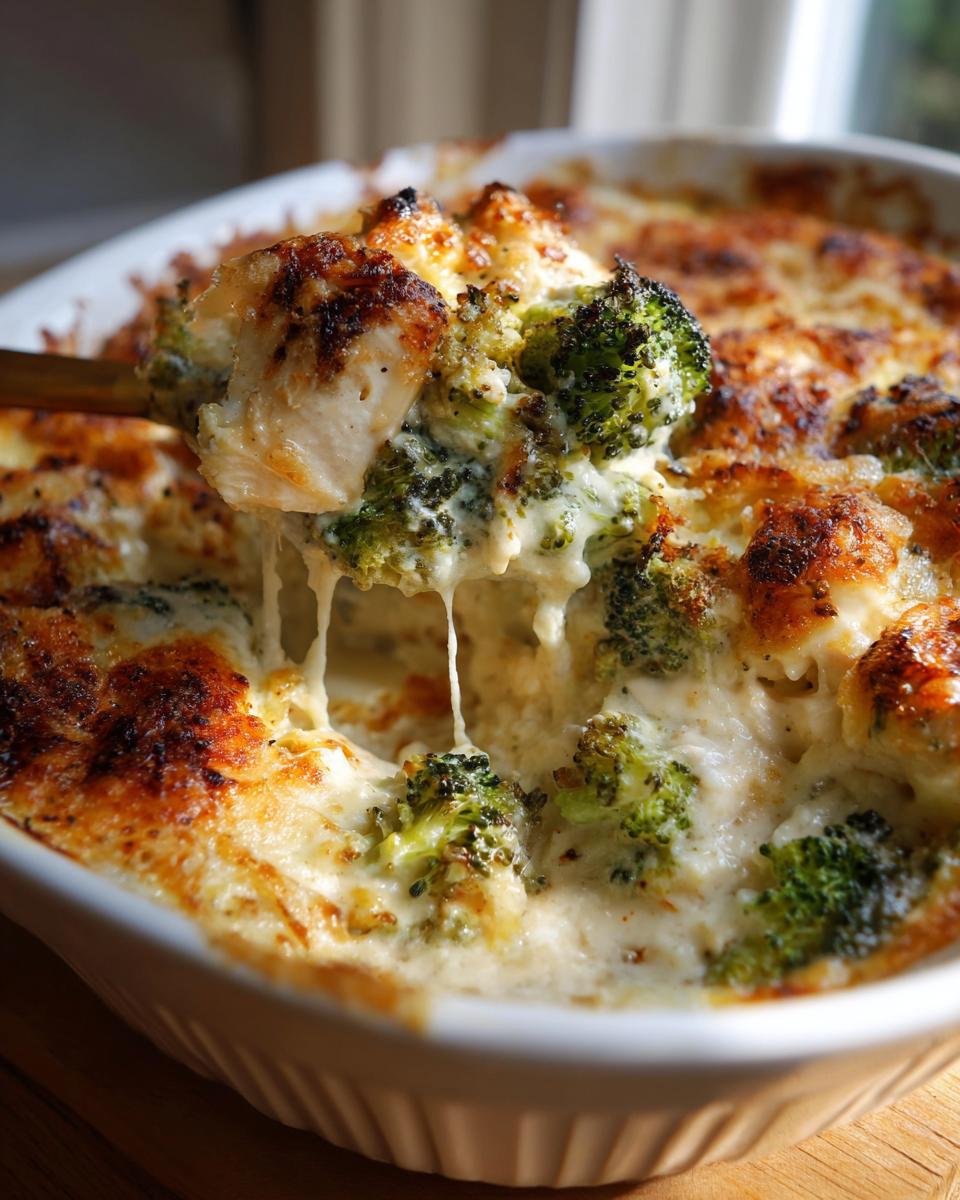 A spoonful of cheesy low carb chicken casserole with tender chicken pieces and broccoli florets being lifted from a baking dish.