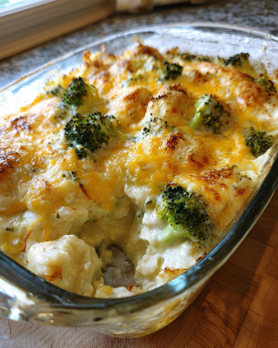 A bubbling low carb chicken casserole with broccoli florets and melted cheddar cheese in a glass baking dish.