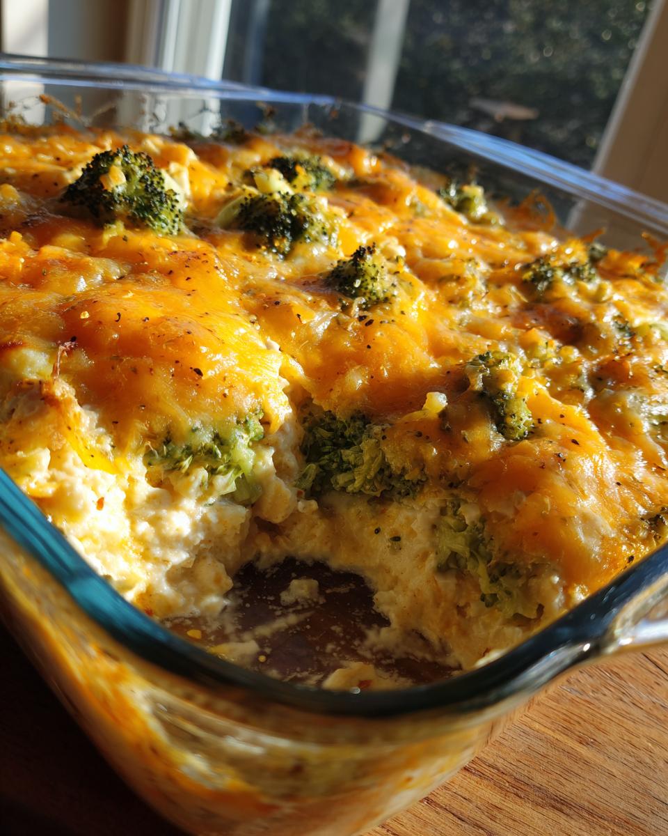A close-up of a bubbly low carb chicken casserole with broccoli florets and melted cheddar cheese.
