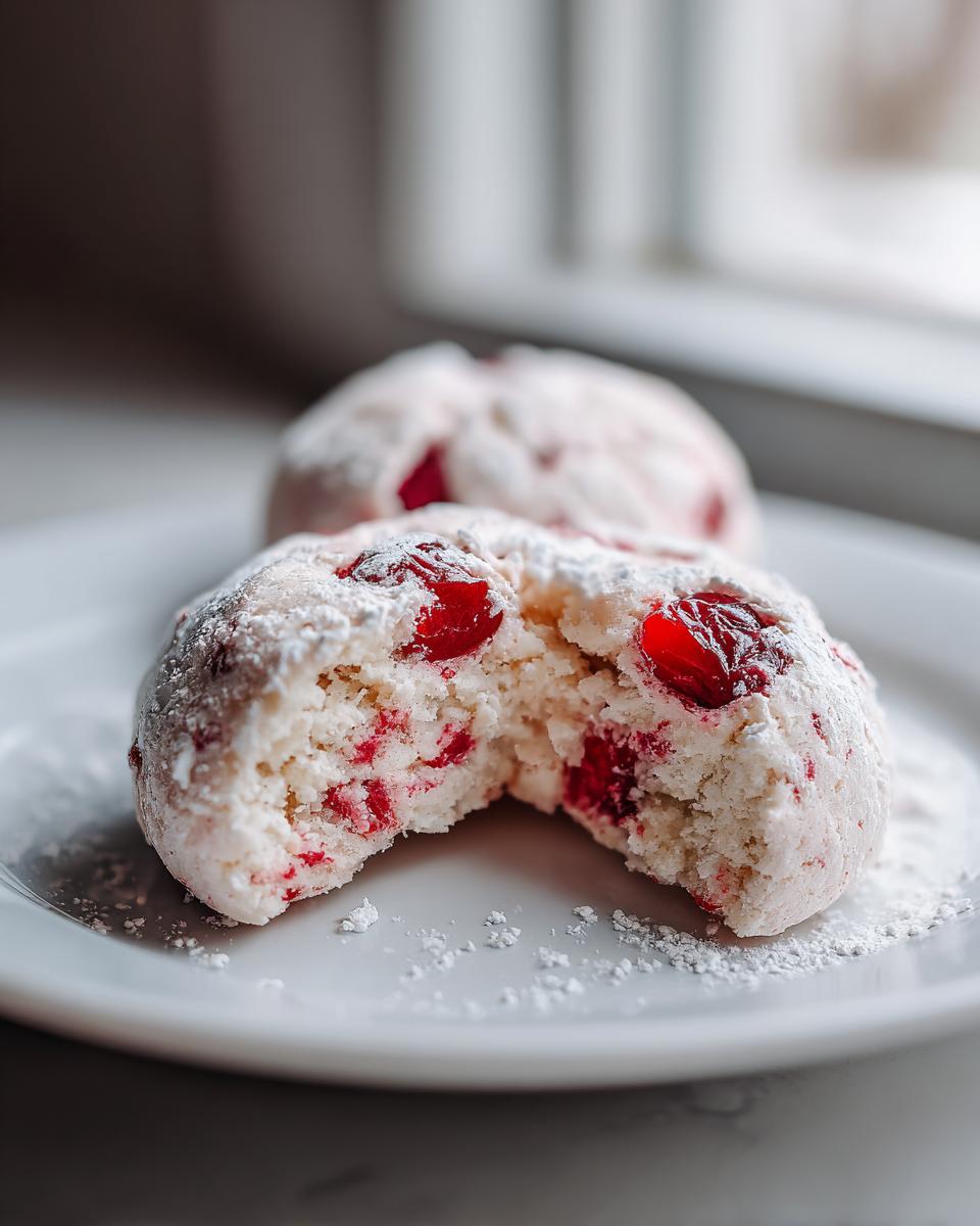 Close-up of a soft Maraschino cherry sugar cookie, dusted with powdered sugar, with a bite taken out.