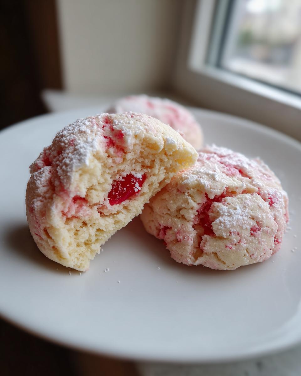 Close-up of a broken Maraschino cherry sugar cookie showing the soft interior and bright red cherry pieces, dusted with powdered sugar.