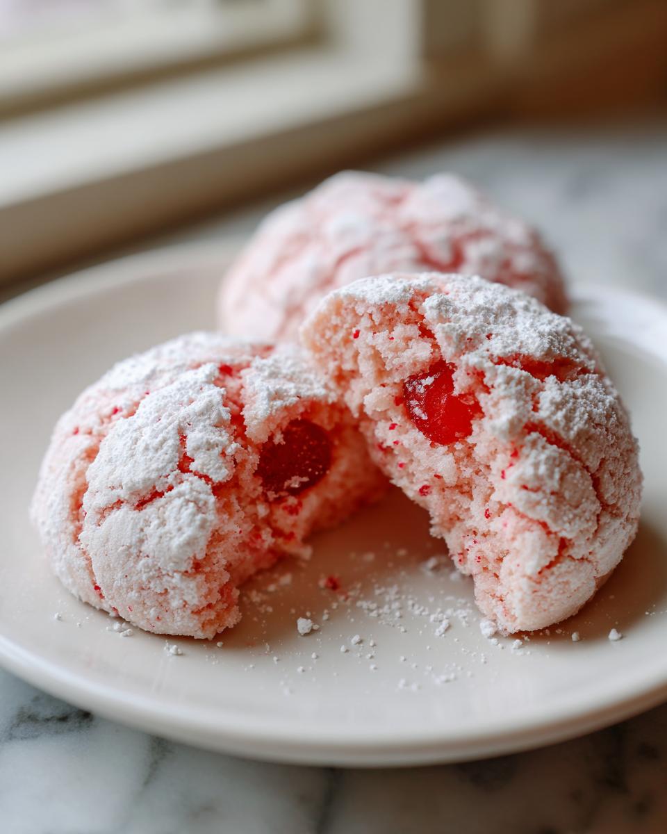 Close-up of a pink Maraschino cherry sugar cookie broken in half, revealing a cherry piece inside, dusted heavily with powdered sugar.