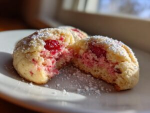 Close-up of a Maraschino cherry sugar cookie broken in half, showing the pink interior and whole cherry, dusted with powdered sugar.