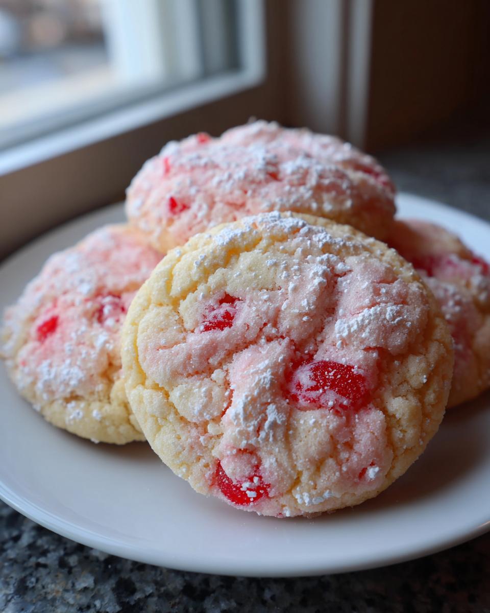 A stack of soft Maraschino cherry sugar cookies dusted heavily with powdered sugar on a white plate.