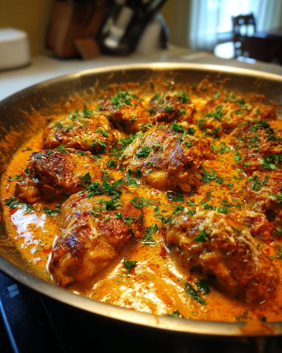 Close-up of Marry Me Chicken pieces in a rich, creamy sauce, garnished with fresh parsley and grated cheese.