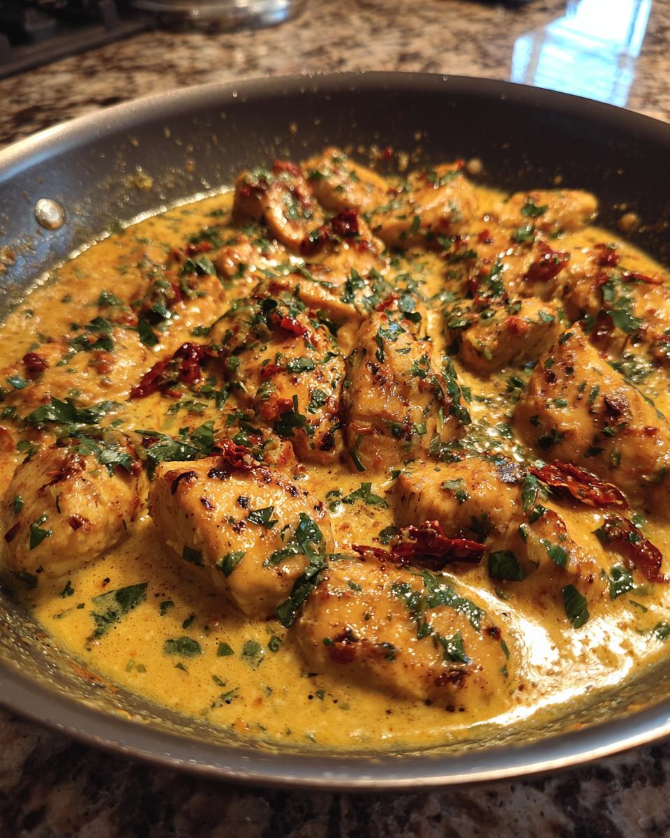Close-up of delicious Marry Me Chicken pieces in a rich, creamy sauce with sun-dried tomatoes and parsley.