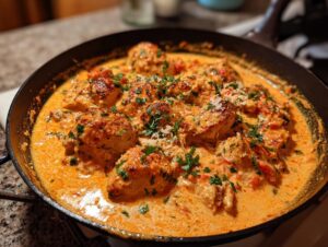 A close-up of Marry Me Chicken in a creamy, orange sauce, garnished with parsley and cheese.
