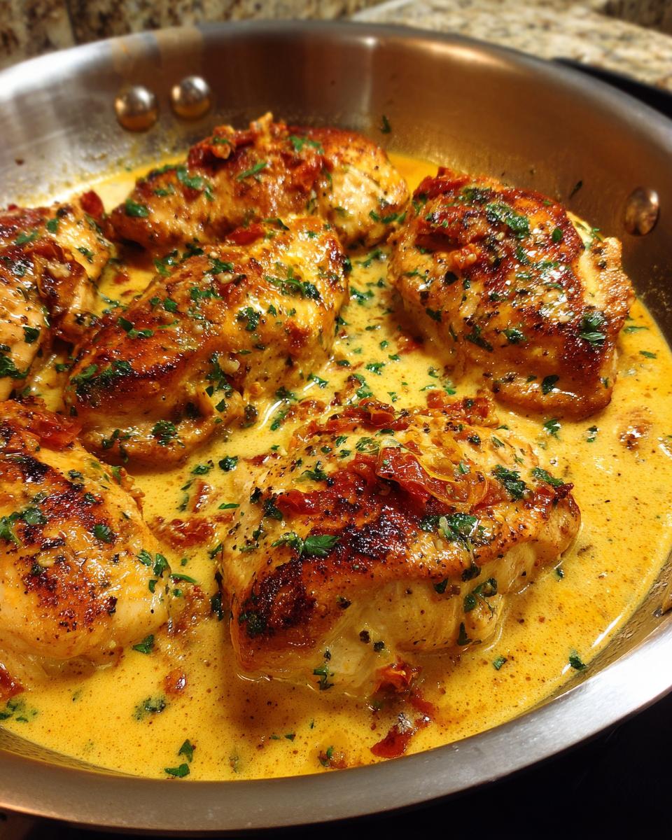 Several golden-brown chicken breasts simmer in a rich, creamy sauce with sun-dried tomatoes and parsley in a skillet. This is Marry Me Chicken.