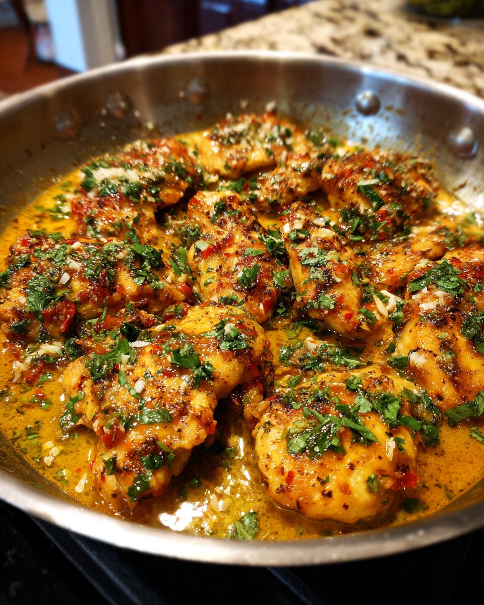 Close-up of Marry Me Chicken pieces in a creamy sauce, garnished with fresh parsley and red pepper flakes.