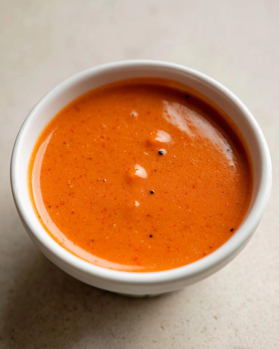 A close-up of a white bowl filled with vibrant orange McDonald’s Cajun sauce, showing specks of seasoning.