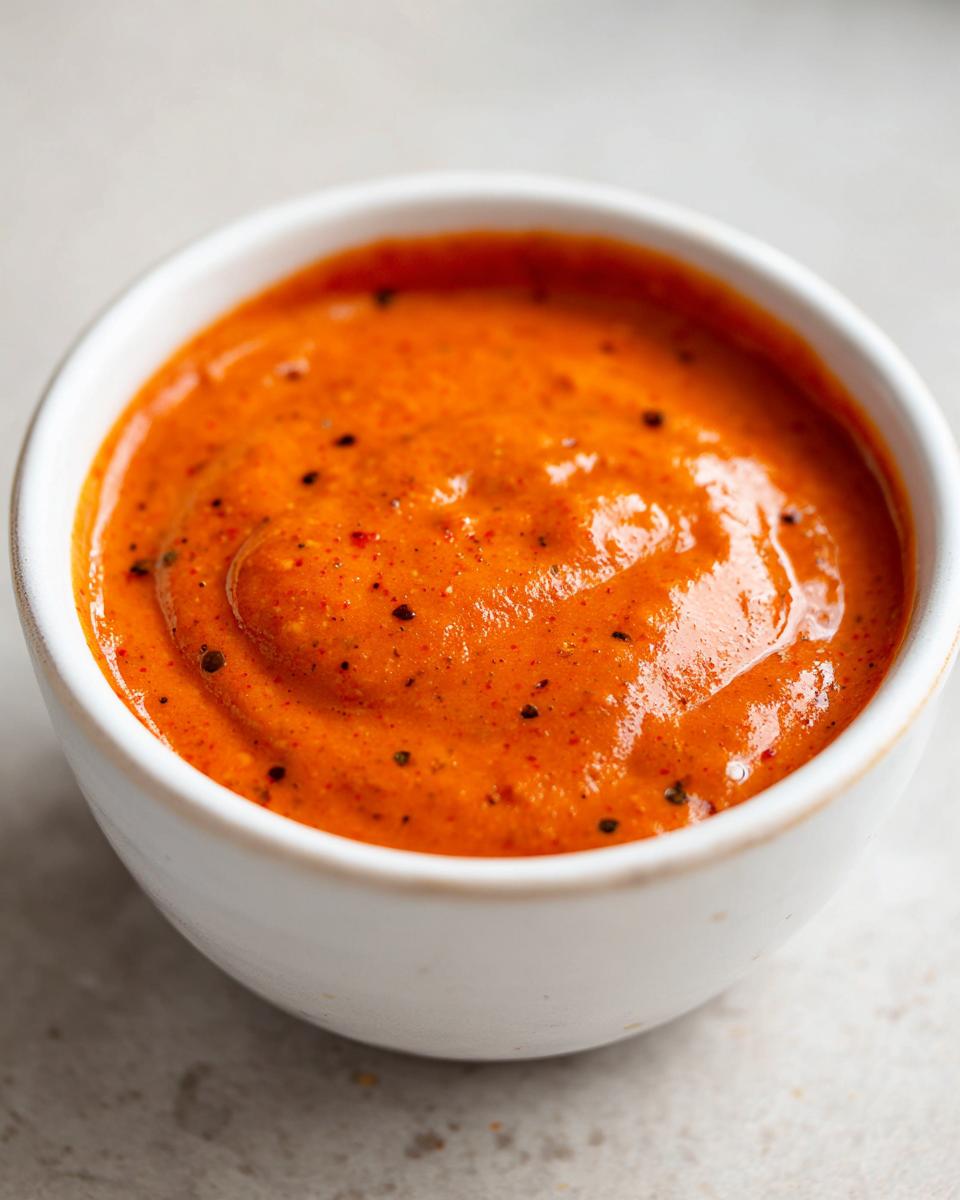 Close-up of a white bowl filled with creamy McDonald’s Cajun sauce, speckled with black pepper.