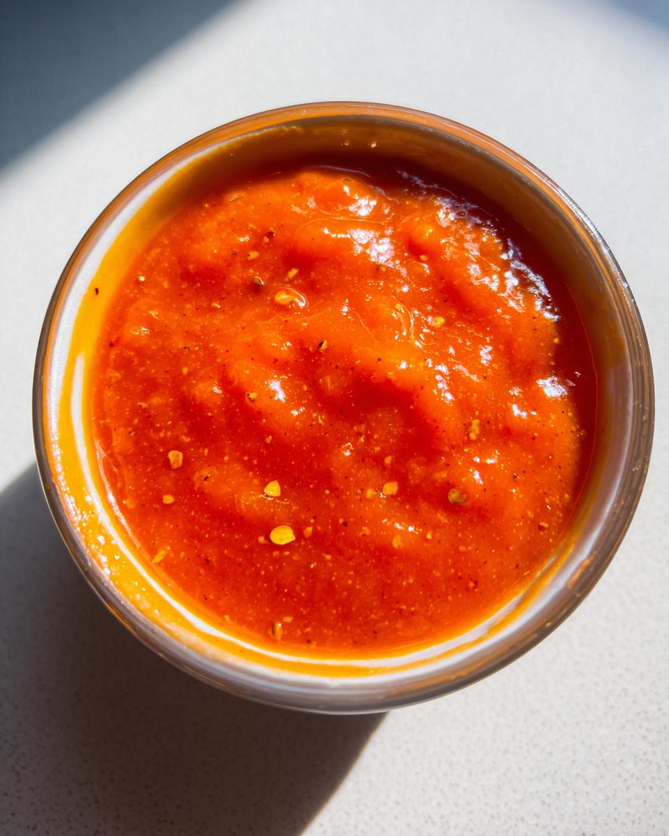 A close-up overhead view of a small glass bowl filled with vibrant orange McDonald's Cajun sauce, showing visible red pepper flakes.