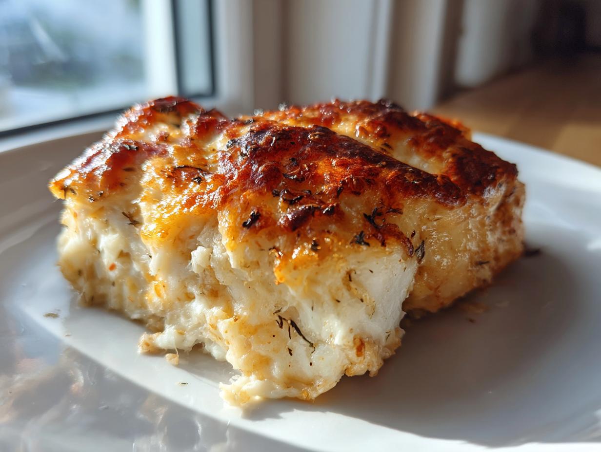 A close-up of a portion of cheesy, baked melt in your mouth chicken casserole on a white plate.