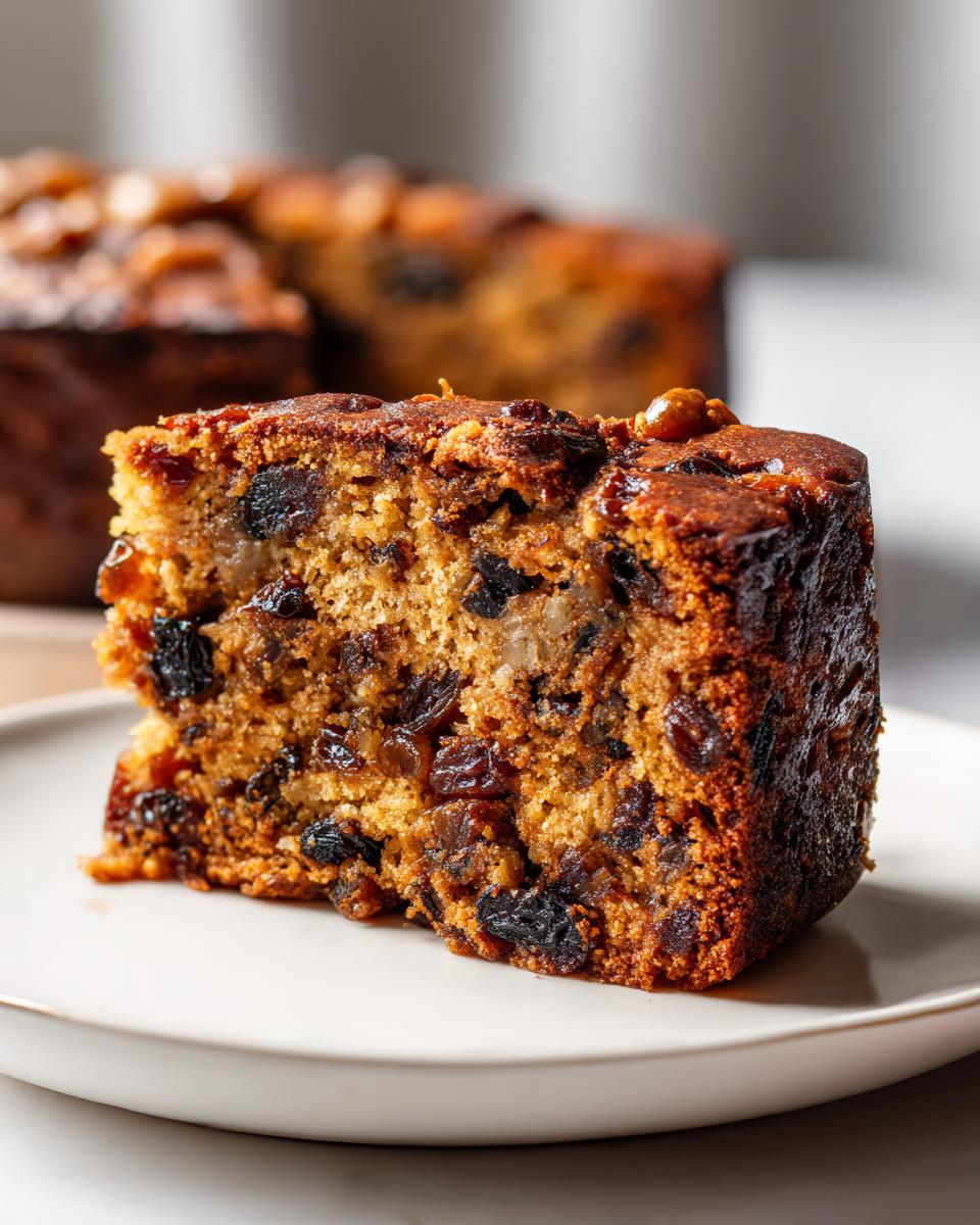 Close-up of a thick slice of moist fruit cake loaded with dark raisins and candied fruit pieces, served on a white plate.