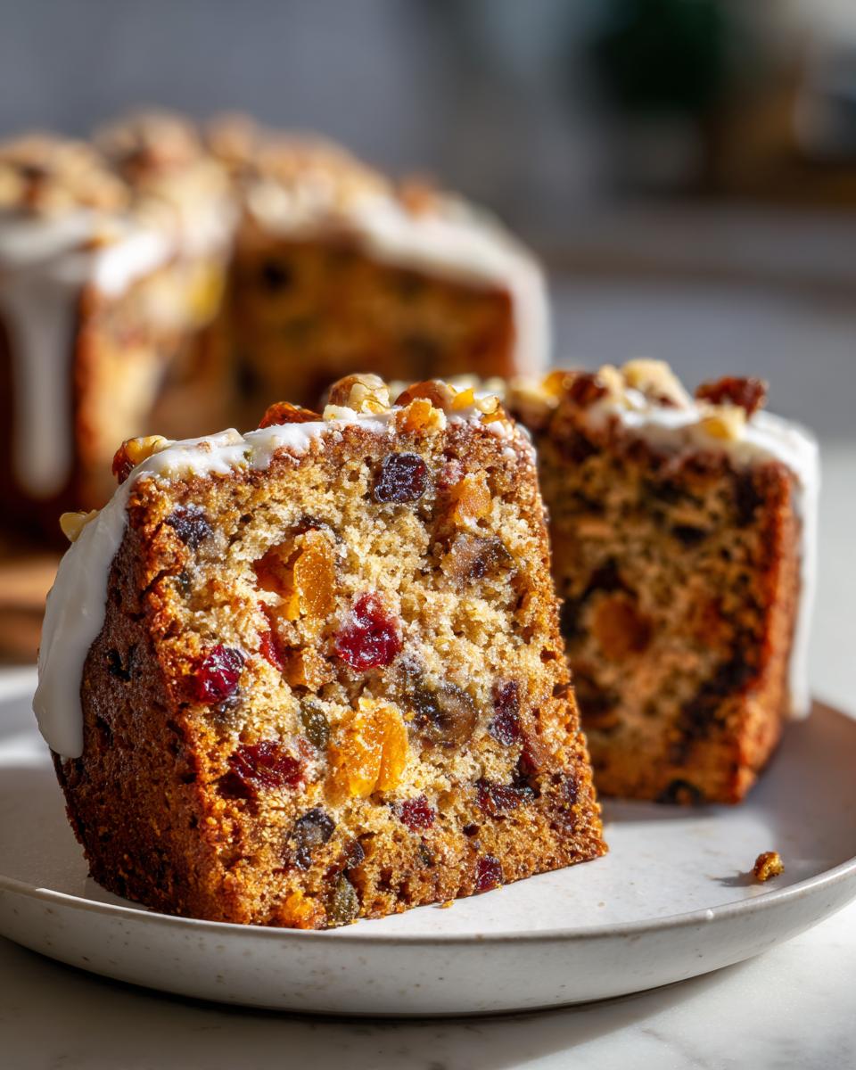 Close-up of a moist fruit cake slice showing candied fruit and nuts, topped with white icing.
