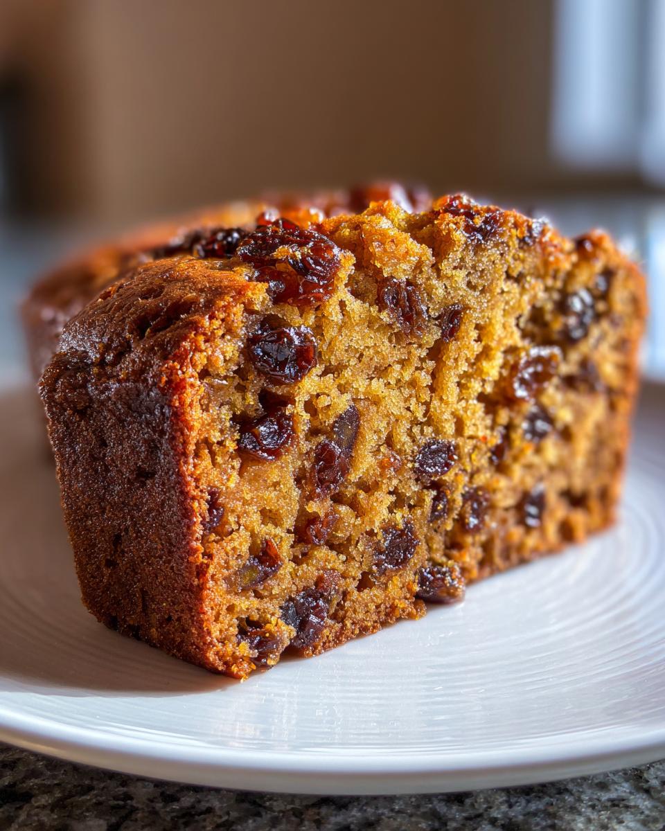 Close-up of a moist slice of fruit cake showing rich color and abundant raisins.