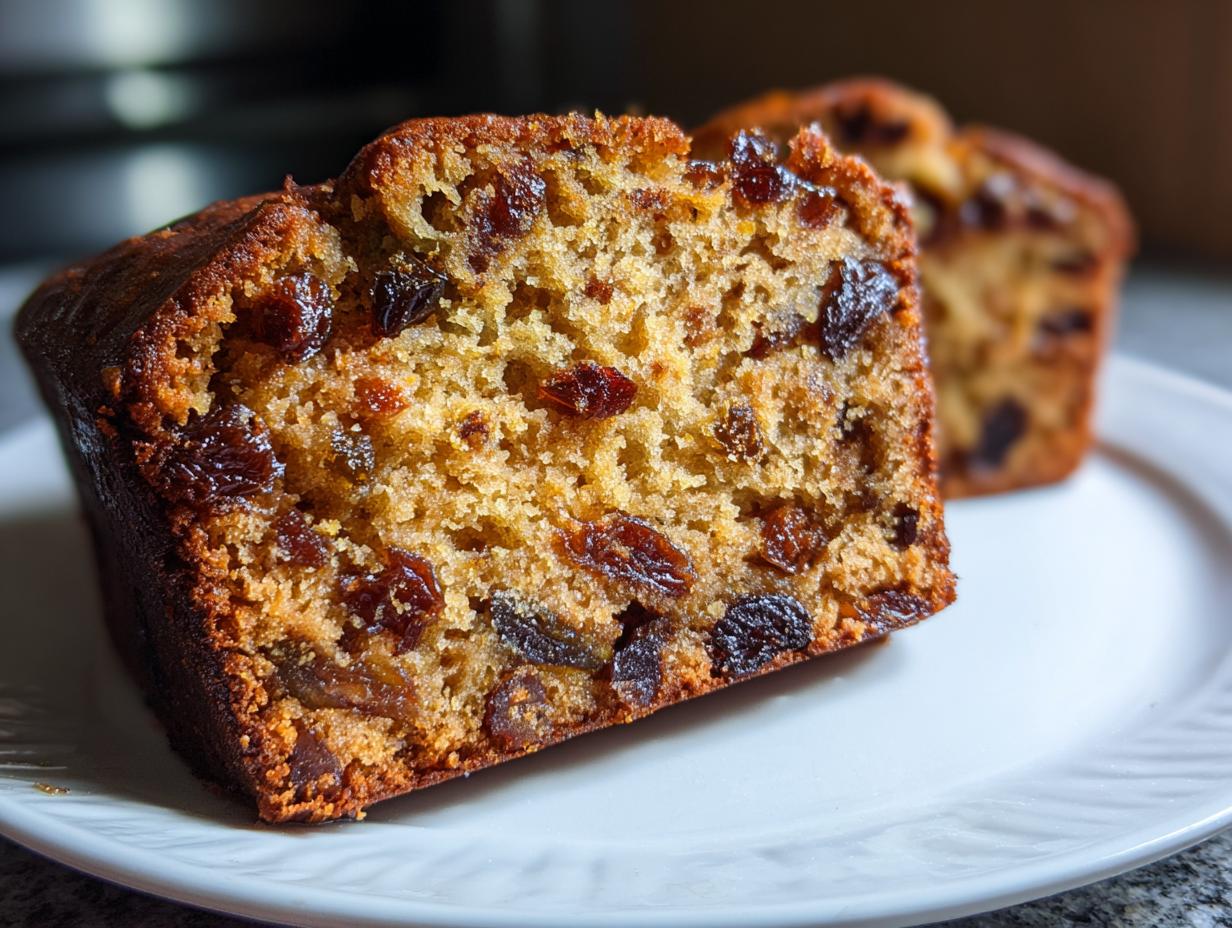Close-up of a moist slice of fruit cake showing rich texture and dark raisins.