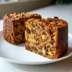 Two thick slices of moist fruit cake loaded with raisins and nuts, served on a white plate.