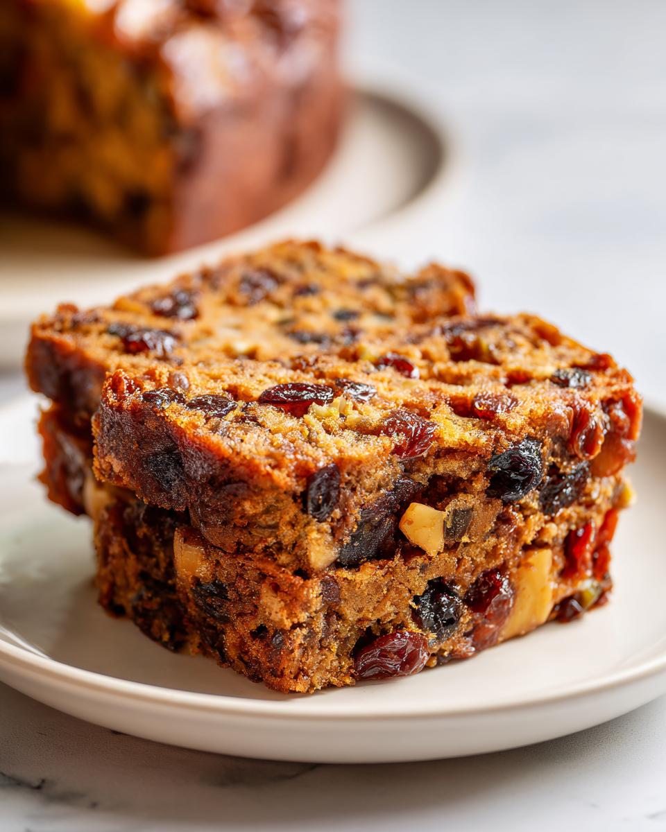 Two stacked, moist slices of fruit cake packed with dark raisins and nuts, served on a small white plate.