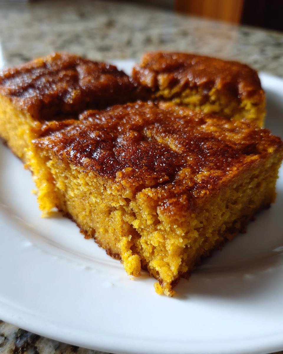 Two moist slices of bright orange pumpkin dump cake with a caramelized, sugary top on a white plate.