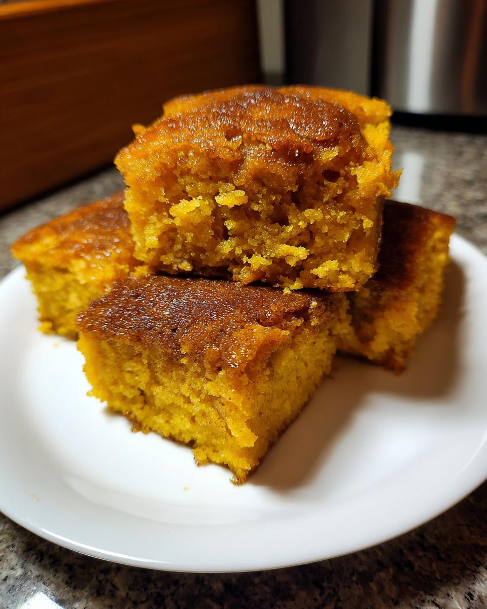 Close-up of four moist, golden-orange squares of pumpkin dump cake stacked on a white plate.