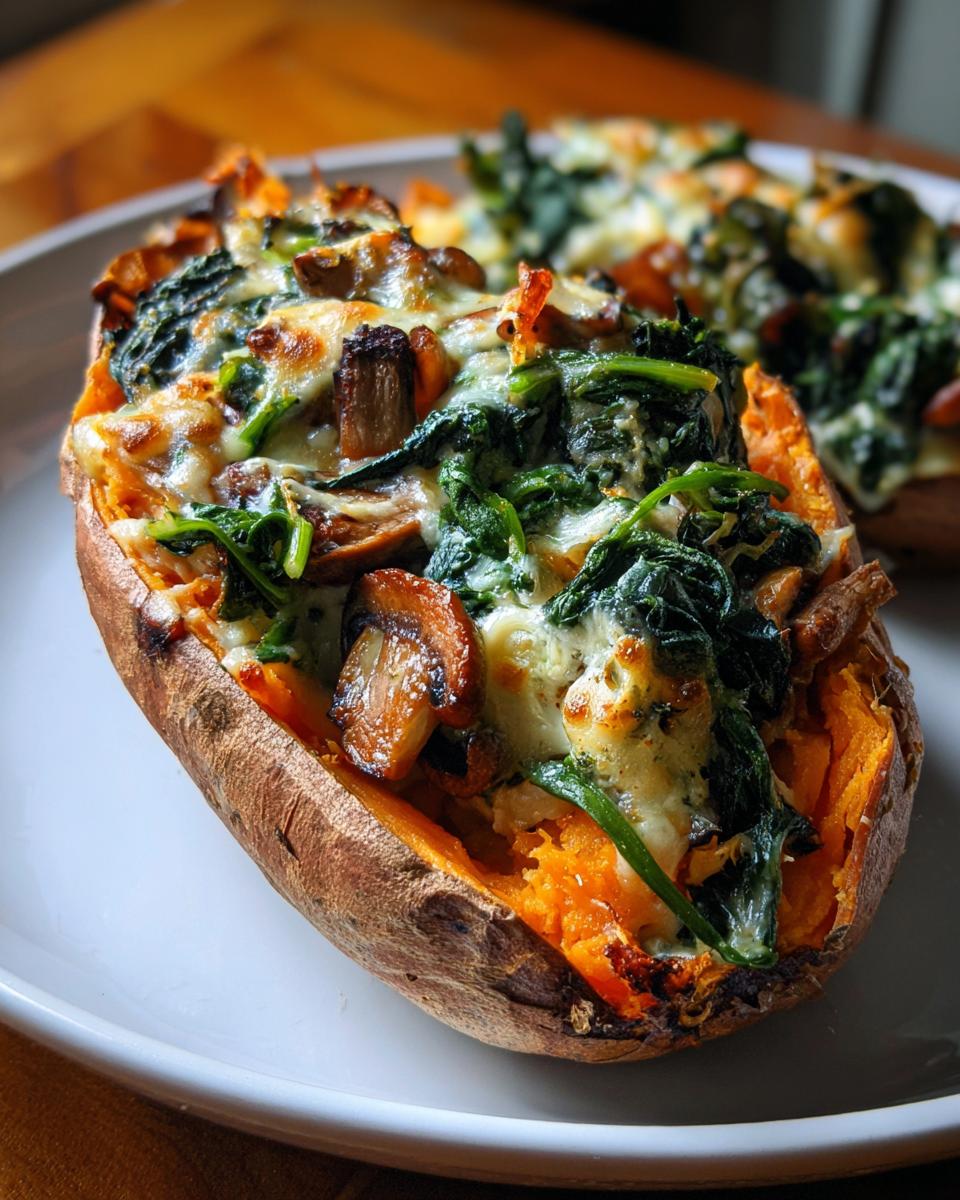 Close-up of a baked sweet potato stuffed with sautéed mushrooms, spinach, and melted cheese, featuring our mushroom spinach stuffed sweet potatoes.