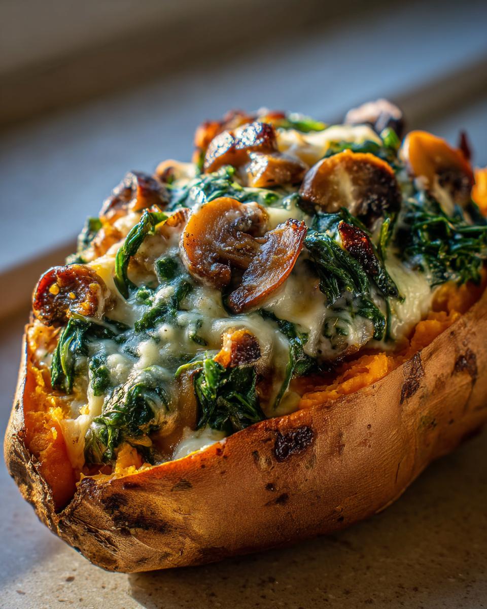 Close-up of a baked sweet potato overflowing with mushroom spinach stuffed filling and melted cheese.