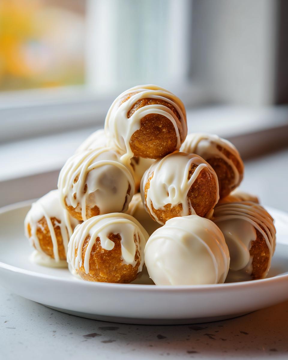A stack of No Bake Pumpkin Cheesecake Balls drizzled generously with white chocolate icing on a white plate.