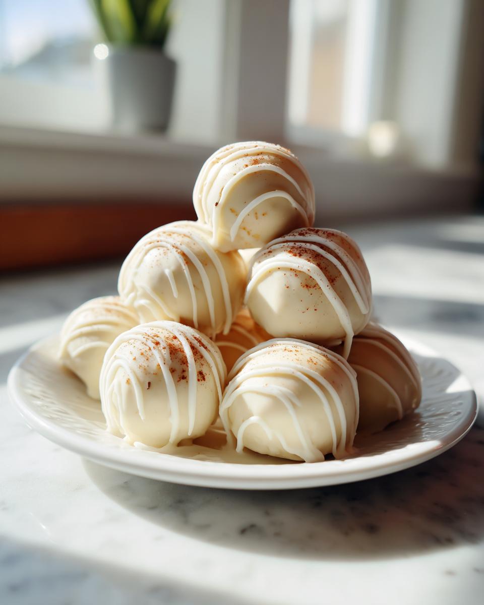 A stack of white chocolate covered No bake pumpkin cheesecake balls drizzled with white icing and sprinkled with cinnamon.
