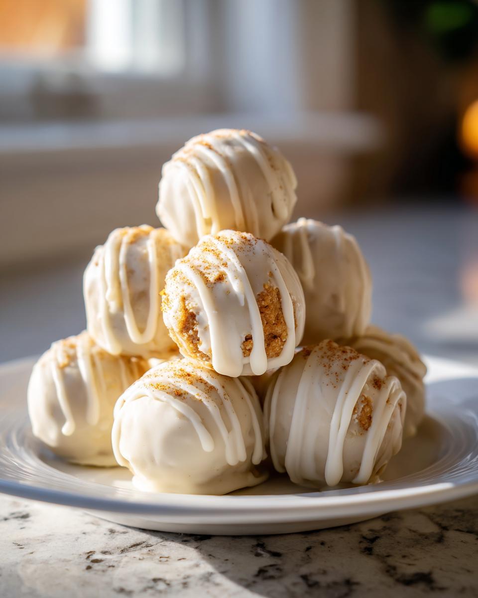 A stack of No bake pumpkin cheesecake balls coated in white chocolate drizzle and sprinkled with spice.
