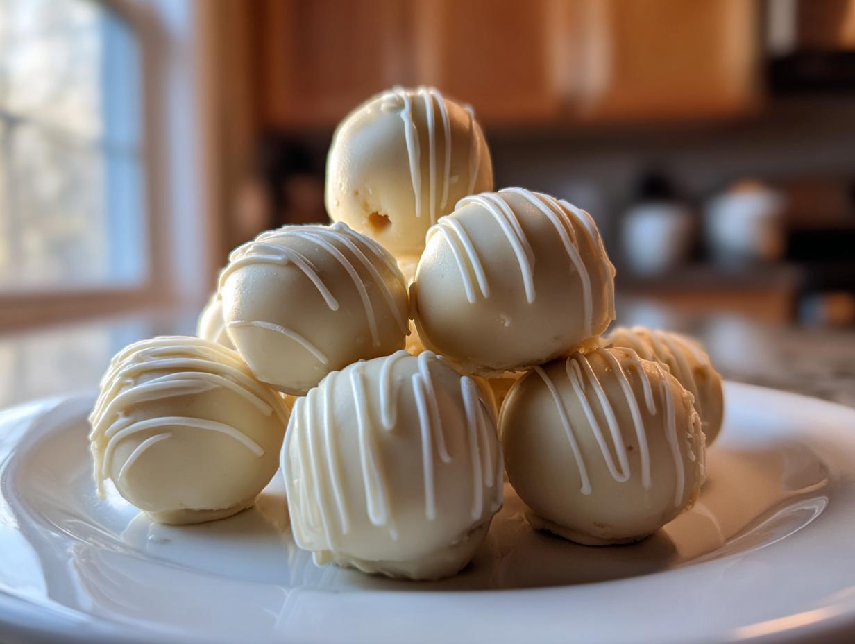 A stack of No bake pumpkin cheesecake balls coated in white chocolate and drizzled with white icing.
