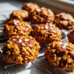 Close-up of delicious no-bake salted caramel cookies topped with caramel drizzle and sea salt flakes.
