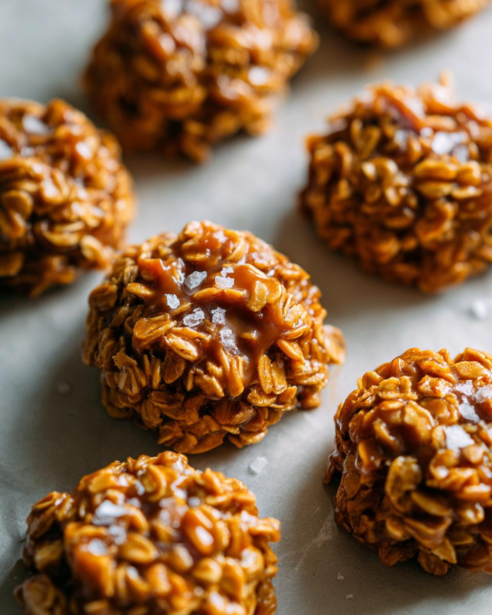 Close-up of delicious no-bake salted caramel cookies topped with flaky sea salt.