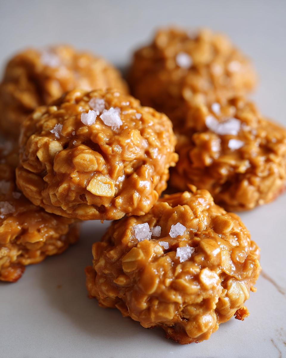 Close-up of delicious no-bake salted caramel cookies topped with flaky sea salt.