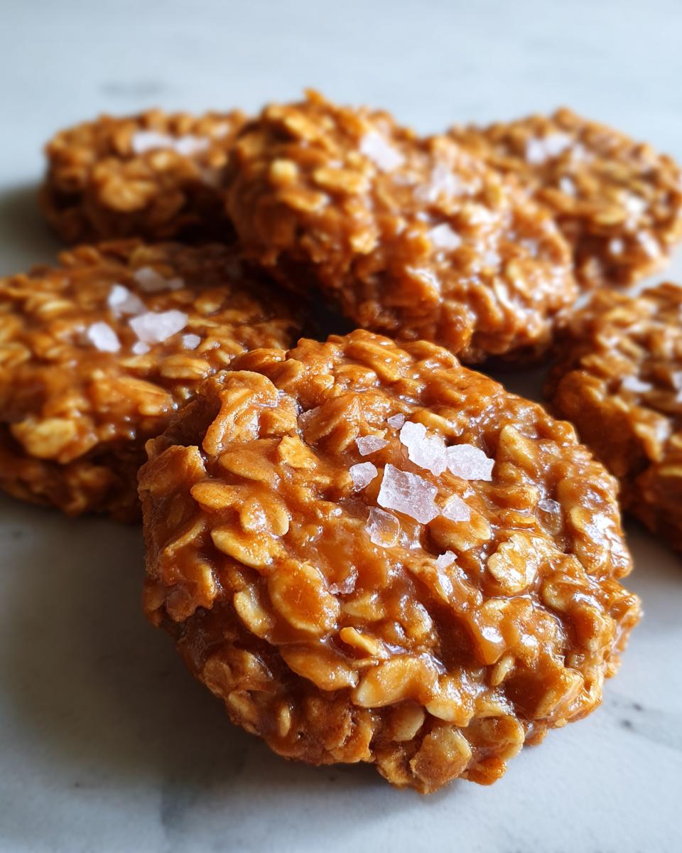 Close-up of no-bake salted caramel cookies made with oats and topped with flaky sea salt.