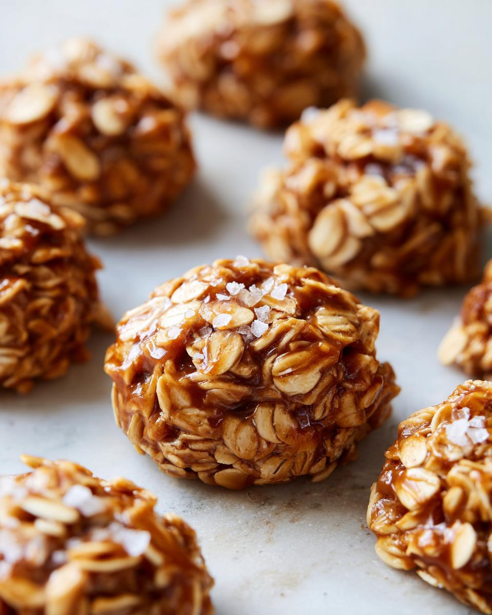 Close-up of delicious no-bake salted caramel cookies made with oats and topped with sea salt flakes.