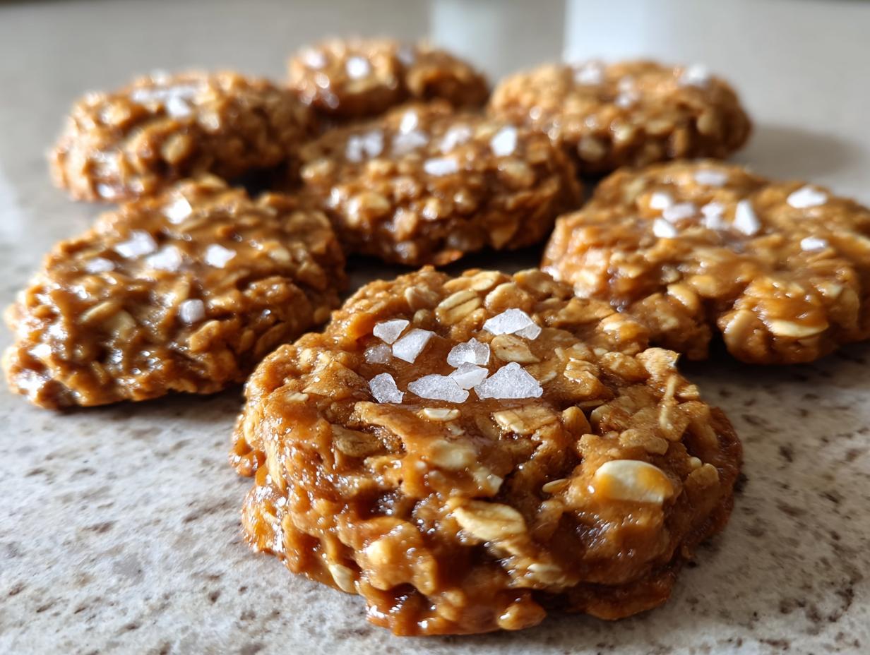 A close-up of several no-bake salted caramel cookies, topped with flaky sea salt.