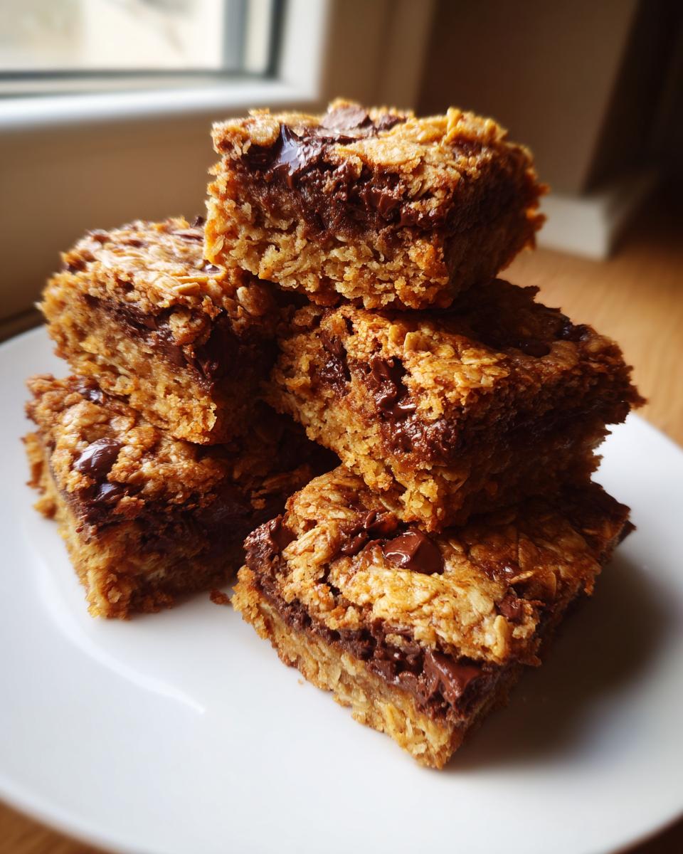 A stack of four rich, chewy chocolate chip oatmeal bars, ideal for sweet snacks.