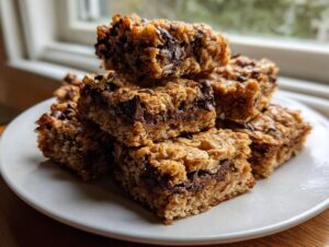 A stack of gooey, chocolate-filled oatmeal bars, perfect for satisfying sweet snacks cravings.