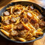 Close-up of creamy One pot cheesy sausage pasta with browned sausage slices in a cast iron skillet.