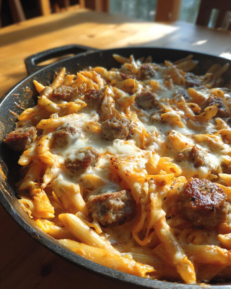 Close-up of one pot cheesy sausage pasta with melted mozzarella in a black cast iron skillet.