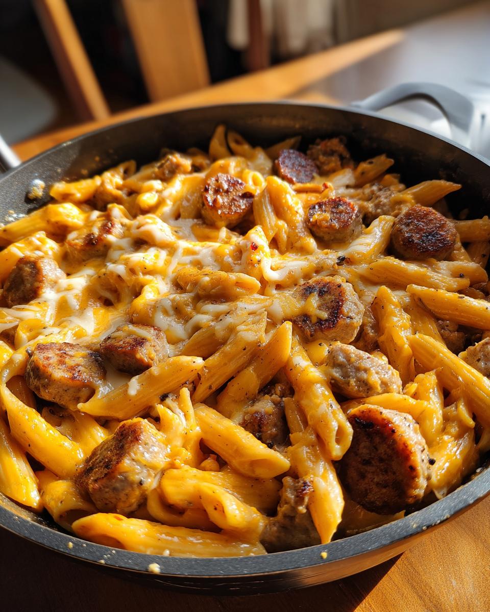 A close-up view of one pot cheesy sausage pasta featuring penne, melted cheese, and browned sausage slices in a dark skillet.